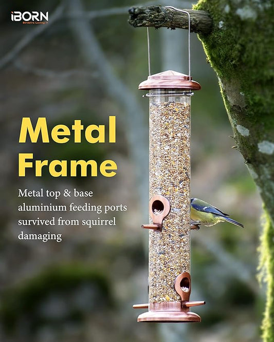 iBorn Metal Bird Feeders Metal Bird Feeder Copper for Outdoors Hanging All Copper Finishing 15 Inch 4Port(Seed is not Included)