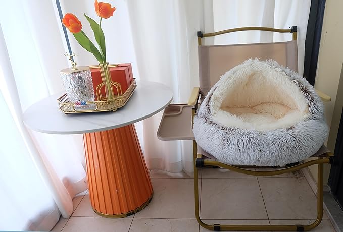 Calming Round Dog Bed & Cat Cave with Hooded Cover, Plush Fluffy Anti-Anxiety Cat Bed, Waterproof Bottom Washable (Coffee, 20x20inch)