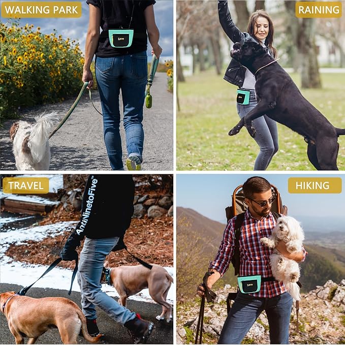 SZO Dog Treat Pouch with Pet Training Clicker, Dog Training Treat Pouch with Waist Belt Clip, Magnetic Closure, Hands-Free Training - Black&Green