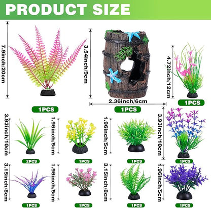 Ameliade Aquarium Plastic Plants Decorations and Fish Tank Broken Barrel Hideout Cave Decor Set Goldfish Betta Small Fish Bowl Ornaments Accessories 12 PCS