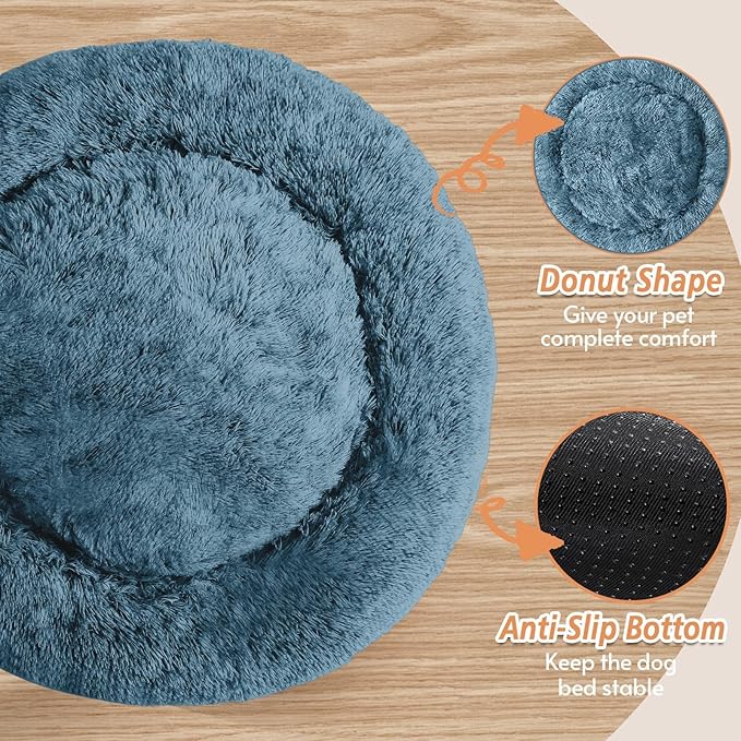 JOLLYVOGUE Small Dog & Cat Beds for Indoor Cats, Donut Cuddler Warming Soft Dog Beds with Anti-Slip Bottom, Round Calming Fluffy Plush Faux Fur Cushion Bed for Small Dogs (20", Blue)