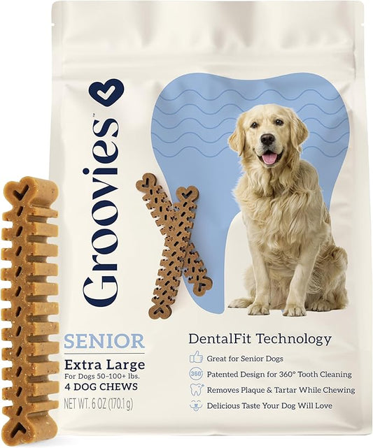 Groovies Slightly Softer, Yet Flexible Dental Chew for Senior Dogs & Delicate Chewers. Powered by USA-Patented DentalFit Tech. No Added Gluten, No Artificial Flavors or Colors. 6oz XLarge (4Chews)