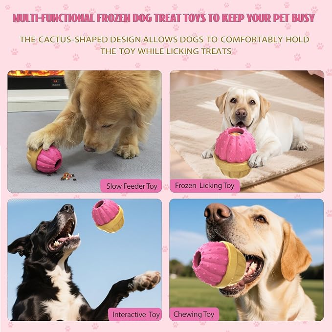 Frozen Treat Dispensing Dog Toy for Aggressive Chewers, Indestructible Chew Toys, Slow Puzzle Feeder for Small Medium Large Breed to Keep Them Busy, Reduces Anxiety, Easy to Clean, Pink