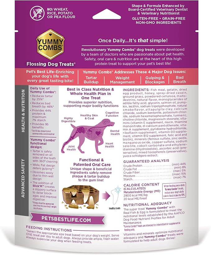 Yummy Combs Dog Dental Treats – Fish & Egg Protein – Vet VOHC Approved, Removes Tartar – A Daily Teeth Cleaning Treat for Extra Small Dogs (30 Count)