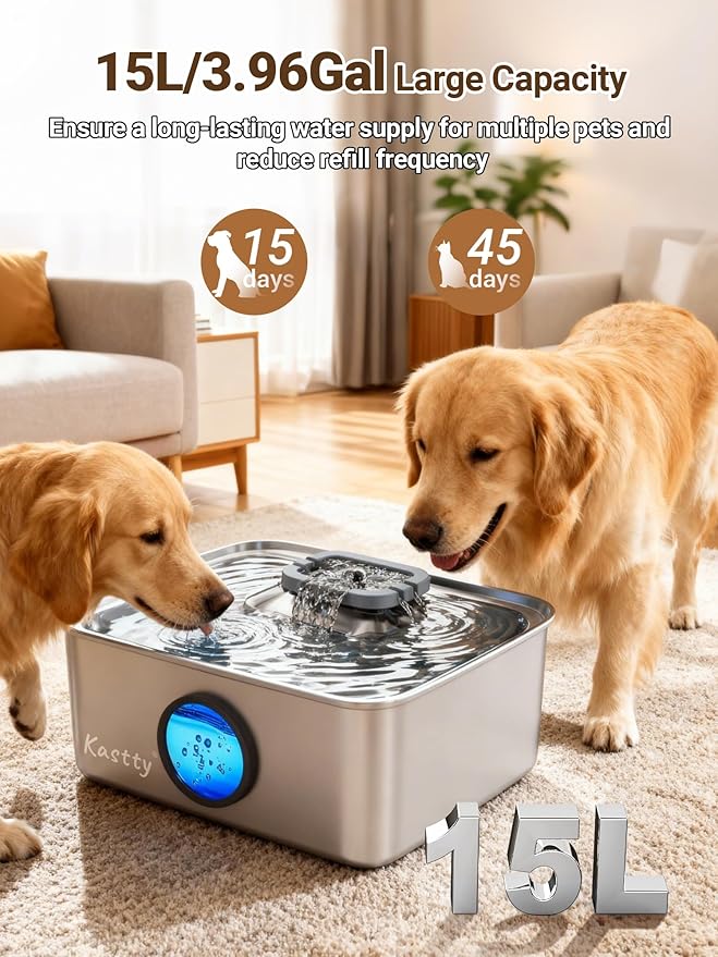 Kastty 15L/4 Gal Dog Water Fountain, Stainless Steel Large Pet Water Fountain with Water Level LED Light, Quiet Automatic Dog Water Bowl Dispenser for Dogs Inside Easy Cleaning FS79