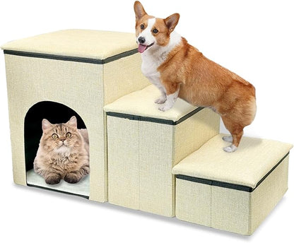 Fhiny Dog Stairs with Storage, 3-Steps Foldable Pet Stairs for Small Dogs Non-Slip Puppy Steps with Condo for High Bed & Couch Dog Ramp for Old Dogs and Cats, Holding up to 160 lbs Pets (Khaki)