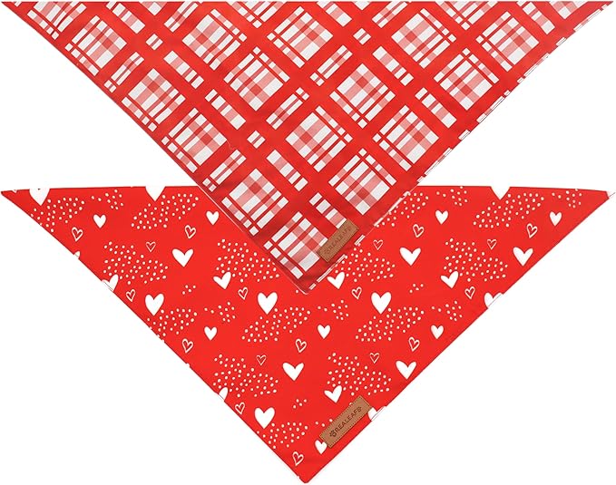 Realeaf Valentine's Day Dog Bandanas 2 Pack, Reversible Red Plaid Heart Dog Scarf for Boy and Girl, Premium Durable Fabric, Holiday Love Bandana for Large and Extra Large Dogs Pets (Large)
