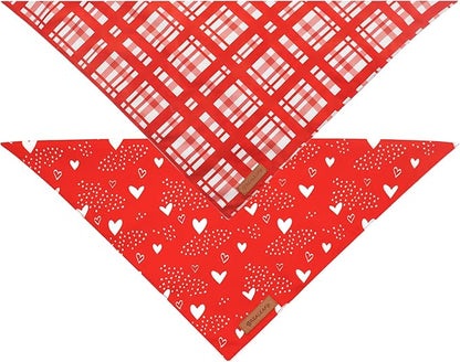 Realeaf Valentine's Day Dog Bandanas 2 Pack, Reversible Red Plaid Heart Dog Scarf for Boy and Girl, Premium Durable Fabric, Holiday Love Bandana for Large and Extra Large Dogs Pets (Large)