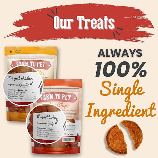 Farm To Pet - Dog Training Treats Chicken & Turkey Chip Protein Pack, 100% All Natural, Single Ingredient Training Treats, Made in USA, for Small, Medium, and Large Dogs