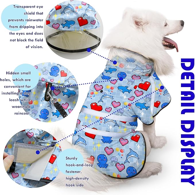 Dog Raincoat, Adjustable Rain Jacket with Hooded Double Layer for Large Medium Small Dogs Puppies, Lightweight Waterproof Rain Coat Poncho with Reflective Stripe Ocean Dolphin Blue,L