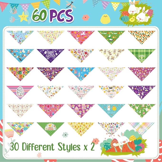 Sanwuta 60 Pcs Easter Dog Bandanas Bulk Bunny Dog Bandanas Adjustable Puppy Bibs Triangle Scarf Holiday Pet Costume for Small Medium Pet (Bunny Pattern)