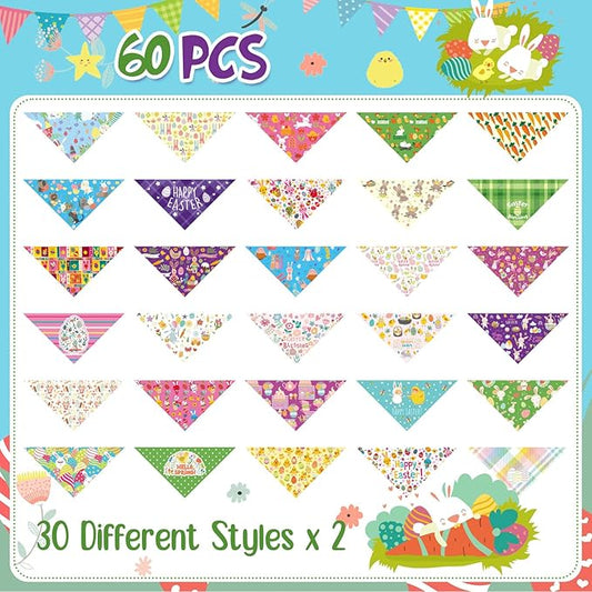 Sanwuta 60 Pcs Easter Dog Bandanas Bulk Bunny Dog Bandanas Adjustable Puppy Bibs Triangle Scarf Holiday Pet Costume for Small Medium Pet (Bunny Pattern)