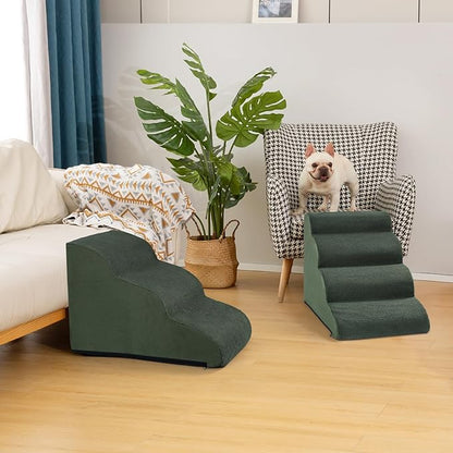 Dog Steps for Bed, 4-Step Dog Stairs Ramp for Small Dogs and Cats, Indoor Non-Slip Pet Stairs Suitable for Older, Short-Legged, and Puppy Dogs to Climb Onto High Beds and Couch, 17.4" H,Green