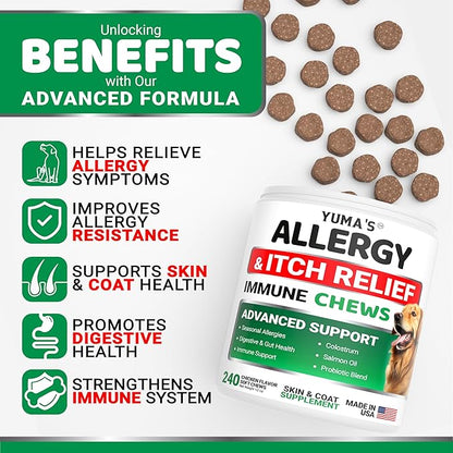 Dog Allergy Relief Chews - 240 Immune Treats - Dog Itching Skin Relief Treatment Pills - Anti-Itch - Itchy and Paw Licking - Omega 3 Fish Oil for Dogs Allergies - Dry Skin & Coat Supplement Vitamins