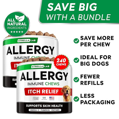 StrellaLab Dog Allergy Relief & Anti Itch Support Chews w/Omega 3: Real Ingredients, Real Taste! Skin & Coat Immune Supplement w/Fish Oil, Pumpkin & Enzymes — Developed by Experts - Made in USA -240Ct