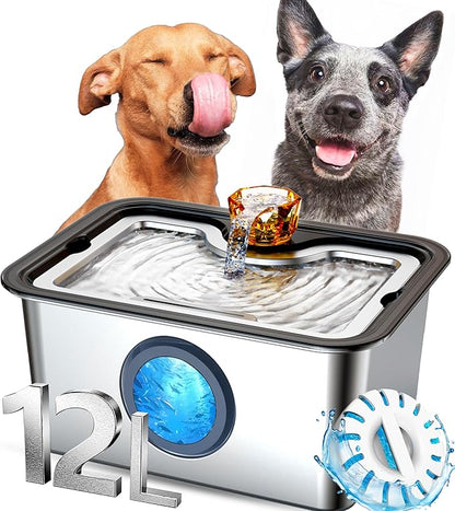 Dog Water Fountain for Large Dogs, 12L/ 3 Gallon Automatic Pet Drinking Fountain for Multiple Pets SUS 304 Stainless Steel, with Large Filter and Quiet Pump, No Spill, BPA-Free,