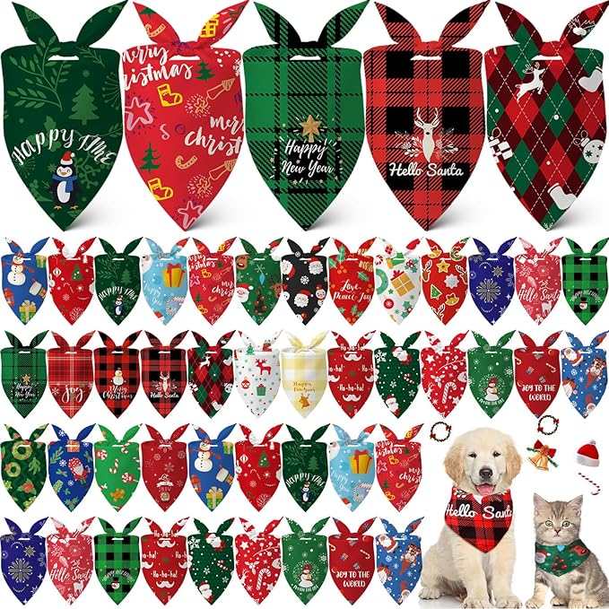 60 Pcs Christmas Dog Bandanas Bulk Xmas Cat Bibs Adjustable Dog Bibs Triangle Scarf Holiday Pet Costume for Small to Large Pet (Santa Pattern)