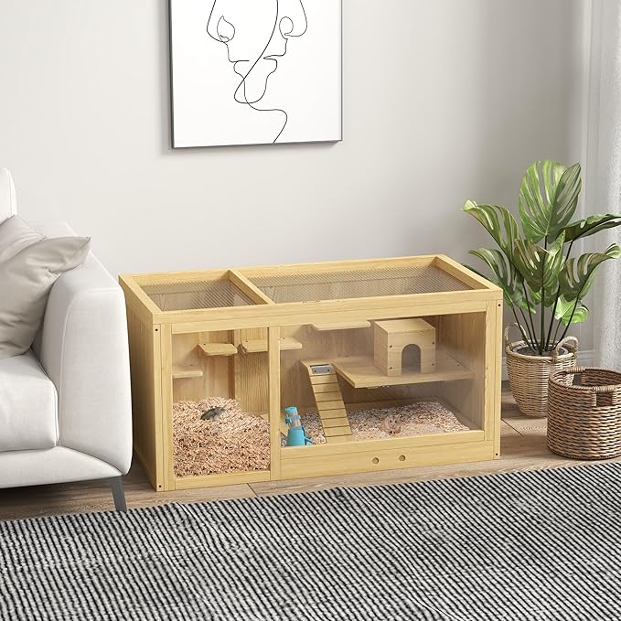 PawHut Wooden Hamster Cage, Extra Large Gerbil Cage, Multi-Layer Small Animal Cage for Dwarf Hamster, Activity Center with Pull-Out Tray, Seesaws, Water Bottle, Ladder, Openable Top