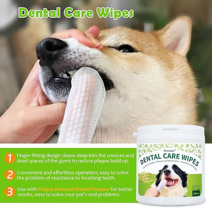 Dental Cleaning Kit, Dental Care Wipes to Clean Plaque on The Surface of The Teeth, Beef Liver Flavour Dental Powder with Probiotic to Solve Oral Problems from The Inside of Digestion