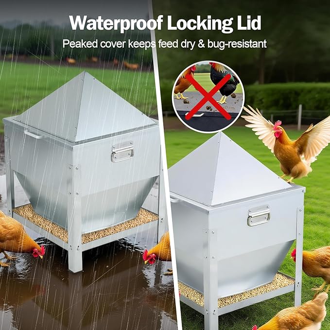 Automatic Chicken Feeder 80LBS, Galvanized Metal Gravity Feeder with 4-Sided Troughs, Waterproof Locking Lid, No Waste Poultry Feeder for Backyard Coops, Free-Range & Small Farms