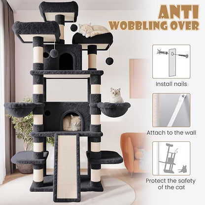 SHA CERLIN 81 Inches Extra Large Cat Tree for Indoor Adult Cats/XXL Big Cat Tower with Condo/Cozy Perches/Sisal Scratching Posts and Hammocks/Activity Center/F80/Heavy Duty/Dark Grey