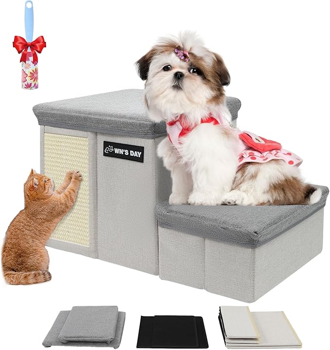 Dog Stairs for Bed Couch Folding with Storage, Dog Stairs for Small Dogs to Get On Bed with Cat Condo, Steps for Large Medium Dogs, Old Cat Pet Stair Steps for High Beds 13" H, Pet Ramp Up to 220LBS