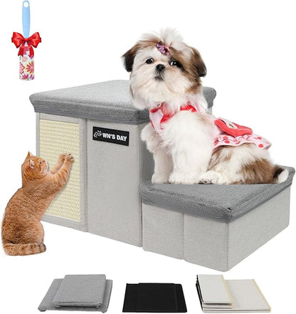 Dog Stairs for Bed Couch Folding with Storage, Dog Stairs for Small Dogs to Get On Bed with Cat Condo, Steps for Large Medium Dogs, Old Cat Pet Stair Steps for High Beds 13" H, Pet Ramp Up to 220LBS