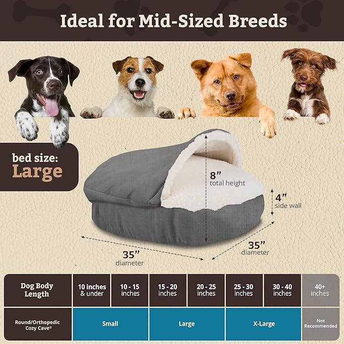 Snoozer Cozy Cave Dog Bed - Indoor Dog Bed with Cover Cave, Covered Calming Burrow for Small & Medium Sized Pets with Blanket Attached, Enclosed, Removable Washable Cover - Large, Heather Gray