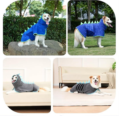 Super Absorbent Dog Bathrobe, Microfiber Bath Robe Towel for Fast Drying, Cozy Fit, Adjustable Belly Strap, Unique Dinosaur Design Dog Drying Coat for Bath, Rainy Walks & Cold Weather