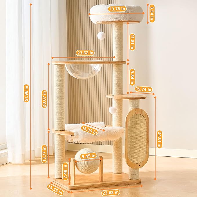 HITTITE Solid Wood Cat Tree Tower with Scratching Post, 53 Inches Tall Cat Towers with Scratching Board and Scratcher Ball, Modern Cat Tower with Space Capsule and Removable Top Bed for Indoor Cats