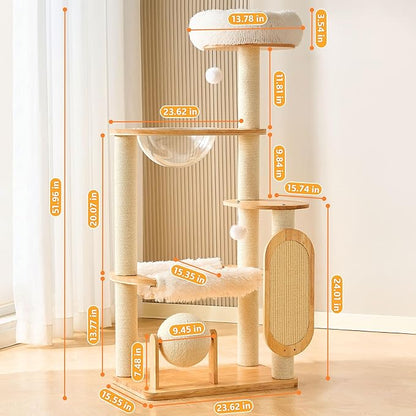 HITTITE Solid Wood Cat Tree Tower with Scratching Post, 53 Inches Tall Cat Towers with Scratching Board and Scratcher Ball, Modern Cat Tower with Space Capsule and Removable Top Bed for Indoor Cats