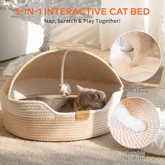 CHEERPALS Cat Basket Bed for Indoor Cats, Covered Pet Bed with Washable Cushion and Ball Rope Cotton Bed for Medium and Large Cat, All Season Universal(White)