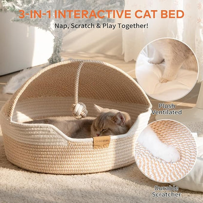 CHEERPALS Cat Basket Bed for Indoor Cats, Covered Pet Bed with Washable Cushion and Ball Rope Cotton Bed for Medium and Large Cat, All Season Universal(White)