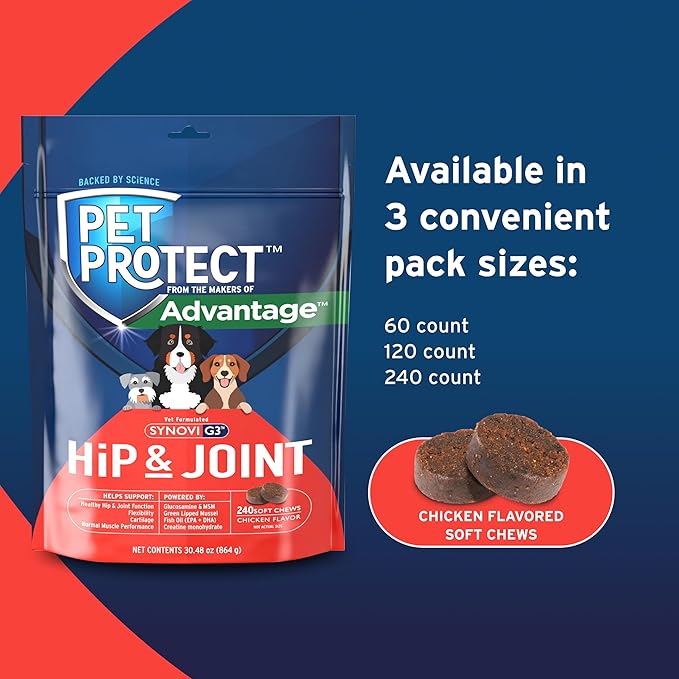 Pet Protect Dog Hip & Joint Supplement for Occasional Joint Stiffness, Vet-Formulated Synovi G3, Dog Glucosamine, Chicken-Flavored Soft Chews (240 Count)