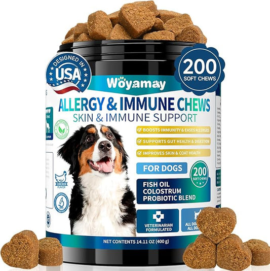 200 Dog Allergy Relief Chews for Dogs Itchy Skin Relief, Anti Itch for Dogs Ears & Paw Relief, Itchy Dog Skin Relief for Seasonal Allergy, Omega 3 Fish Oil, Turmeric & Colostrum Immune Support