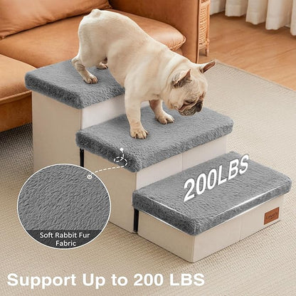 Love's cabin Dog Stairs for High Bed 18" H,3 Steps with Furry Lids Pet Stairs for Small Medium Large Dogs,Foldable Cat Ramp with Zip up to 200 lbs,Grey