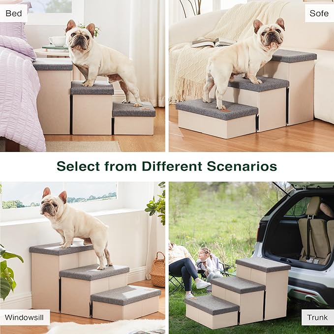 Love's cabin Dog Stairs for High Bed 18"H,Foldable Pet Stairs for Small Medium or Large Dogs Puppy with Storage for Bed or Couch, Cat Dog Steps Ramp with Zip up to 200 lbs(Light Grey,3 Steps no Condo)