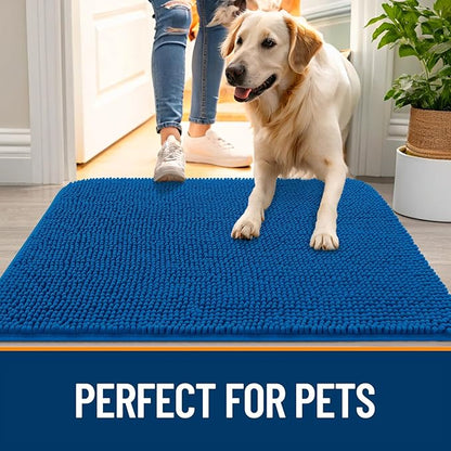 OLANLY Dog Door Mat for Muddy Paws 34x21, Absorbs Moisture and Dirt, Absorbent Non-Slip Washable Doormat, Quick Dry Chenille Mud Mat, Entry Indoor Entryway Carpet for Inside Floor, Deep Navy Blue