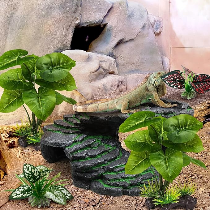 Moonorange Reptile Artificial Plants, Terrarium Plants Decorations Supplies, Aquarium Fish Tank Plant, Amphibian Habitat Hideout Tank Accessories(M Set-4pcs/D)