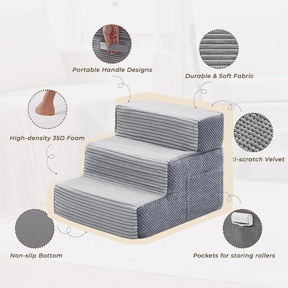 HYLEORY Dog Stairs for Bed 13.5''H, 3-Step Pet Stairs for Small Dogs Cats, Sturdy Pet Steps with Non-Slip Bottom, Functional Portable Dog Ramp for Couch/Chair/Sofa/Car, Storage Pocket, Light Grey-Grey