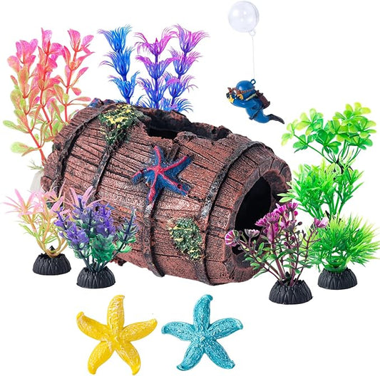 COMSUN 12 PCS Aquarium Decoration Broken Barrel Set, Plastic Aquarium Plants, Resin Floating Diver Fish Tank Decorations & Resin Starfish, Small Fish Tank Ornaments for Pet Fish to Hideout and Rest
