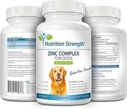 Zinc for Dogs to Support Healthy Skin & Coat, Promote Normal Growth, Balanced Immune Function & Cellular Metabolism, with Biotin, Folate, Selenium & Vitamin E, 120 Chewable Tablets