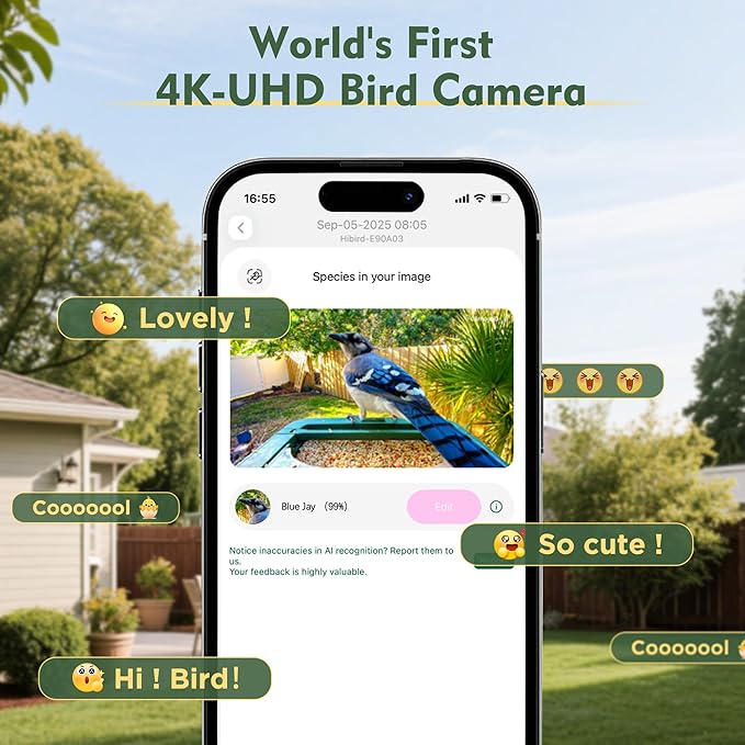 Hibird 4K HD Smart Bird Feeder with Camera Solar Powered, 2.4GHz/5GHz Dual WiFi Auto Capture Bird Video, Real-time Notifications & Live Streaming, AI Identify 10000+ Species for Gift