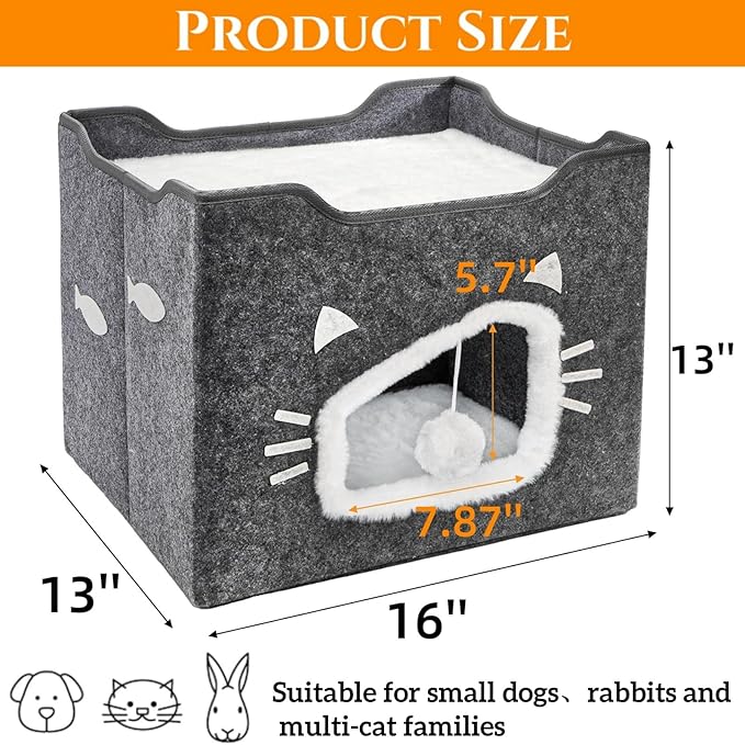 Cat House for Indoor Cats, Large Covered Cat Bed with Cushion Pad Fluffy Ball Hanging, Foldable Cute Cat Cave Bed Cat Condo Hideaway for Pet Cats, Multi Small Pet, Grey