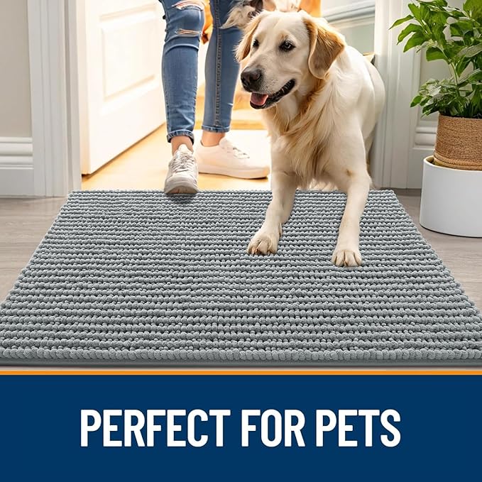 OLANLY Dog Door Mat for Muddy Paws 30x20, Ultra Absorbent Chenille Mud Doormat, Non-Slip Washable and Dirt Trapping Doormat for Indoor Entryway, Quick-Dry Indoor Pet Bed Mats for Dogs, Grey
