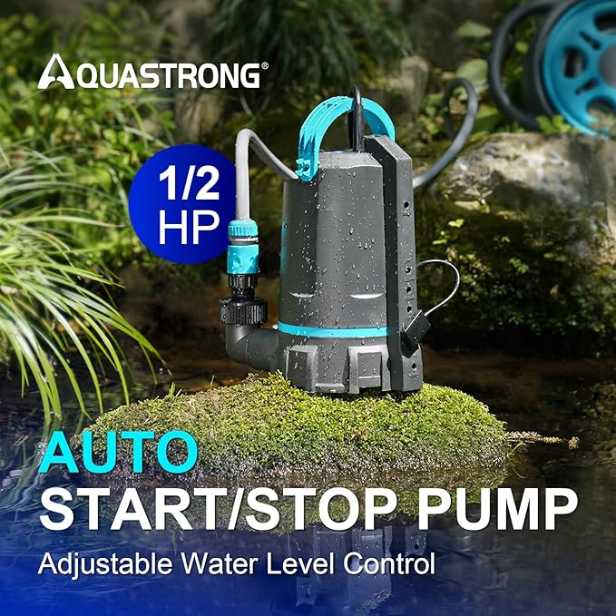 Aquastrong Automatic Sump Pump, 1/2 HP Submersible Water Pump, 3159 GPH Utility Pump High Flow Water Removal for Swimming Pool, Garden Pond, Basement, Window Wells with 10ft Long Power Cord