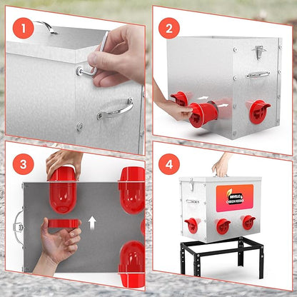 Automatic Gravity Chicken Feeder 40 lb Capacity, Large Metal 6-Port No-Waste Poultry Feeder with Adjustable Height Stand & Locking Lid for Outdoor Chickens, Ducks & Geese