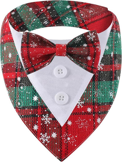 Adjustable Red Plaid Christmas Dog Tuxedo Bandana with Bow Tie - Holiday Pet Outfit Costume for Dogs XS to XL