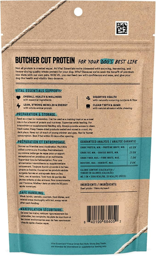 Vital Essentials Single Ingredient Bully Sticks Dog Treats, 1.4 oz | Freeze-Dried Raw | Premium Quality High Protein Training Treats | Grain Free, Gluten Free, Filler Free