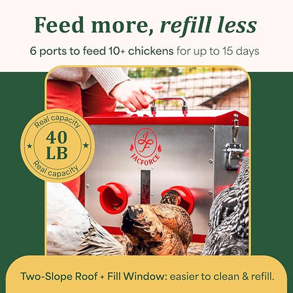 Automatic Chicken Feeder – 40lb No Waste Metal Poultry Feeder with 6 Ports, Locking Lid & Raised Legs – Stops Feed Waste & Constant Refills for Happy Chickens & Clean Coops